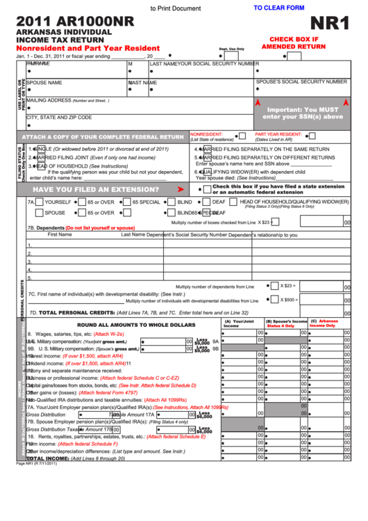 Fillable Form Ar1000nr - Arkansas Individual Income Tax Return - Nonresident And Part Year Resident - 2011 Printable pdf