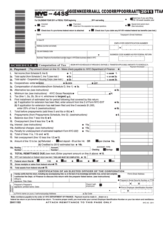 Fillable Form Nyc-4s - General Corporation Tax Return - 2011 Printable pdf