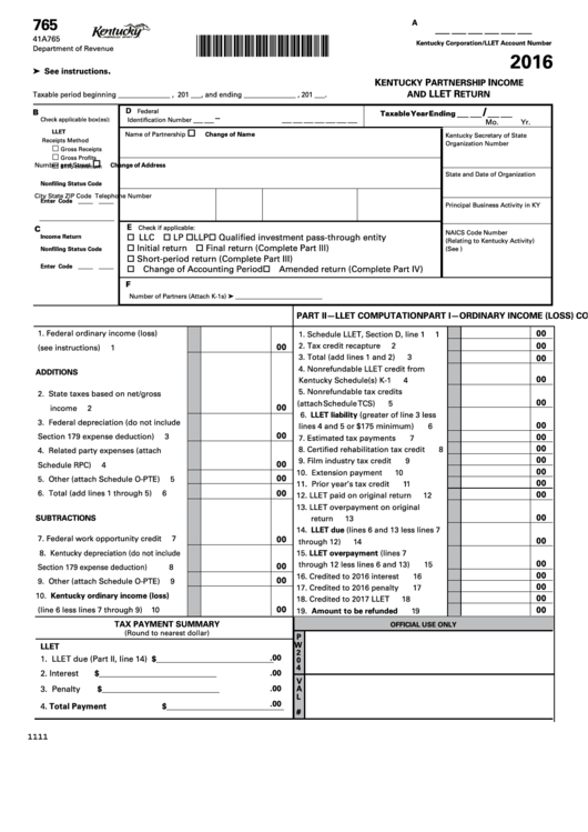 Fillable Form 765 - Kentucky Partnership Income And Llet Return - 2016 Printable pdf