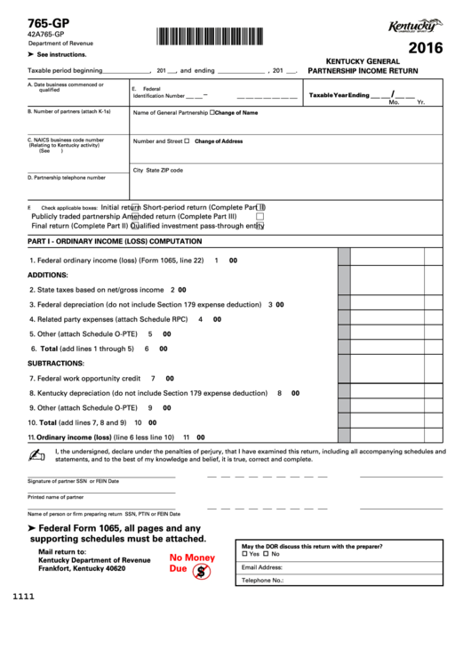 Fillable Form 765-Gp - Kentucky General Partnership Income Return - 2016 Printable pdf
