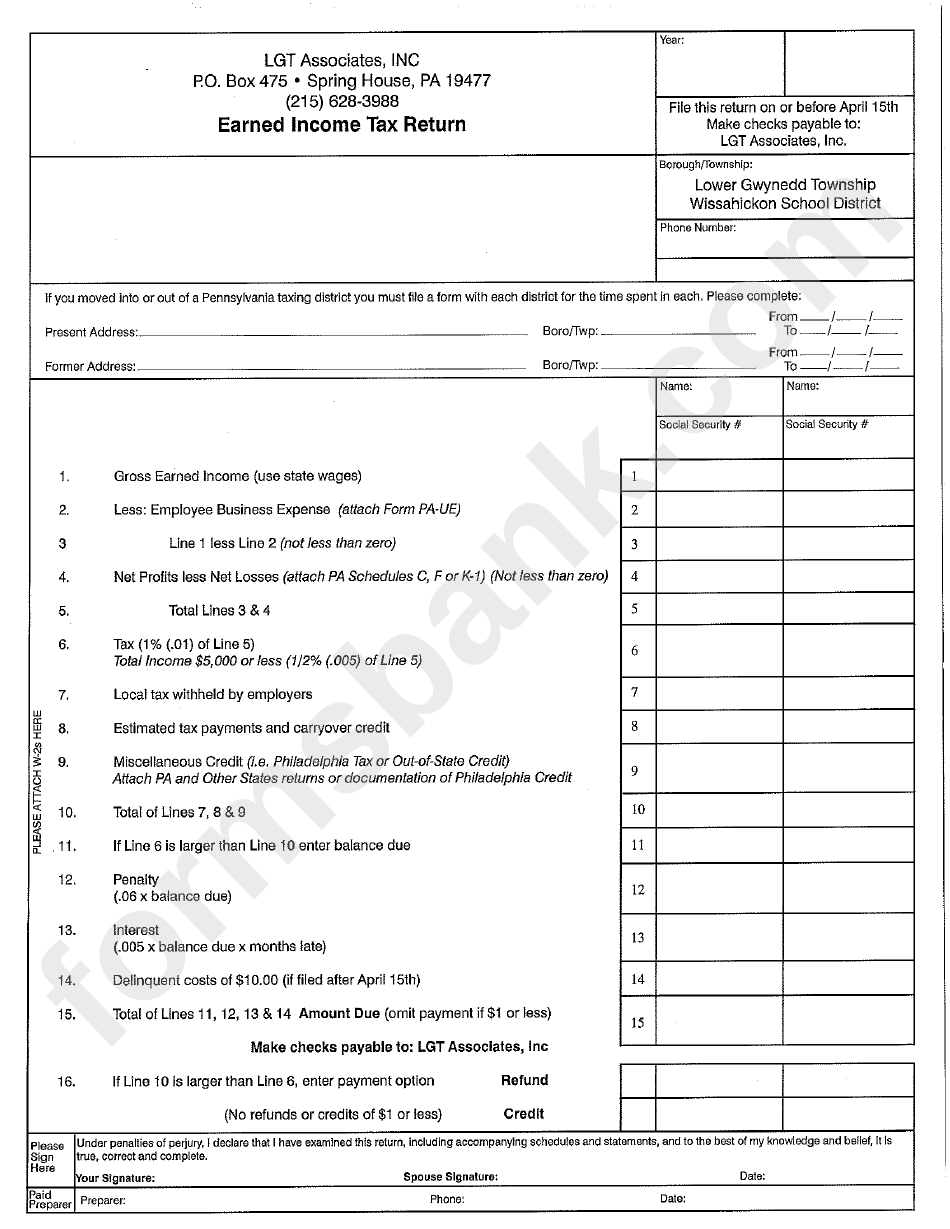 Earned Income Tax Return - State Of Pennsylvania