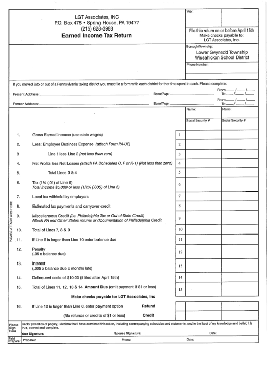 Earned Income Tax Return - State Of Pennsylvania Printable pdf