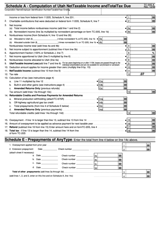Form Tc-20s - Computation Of Utah Net Taxable Income And Total Tax Due Printable pdf