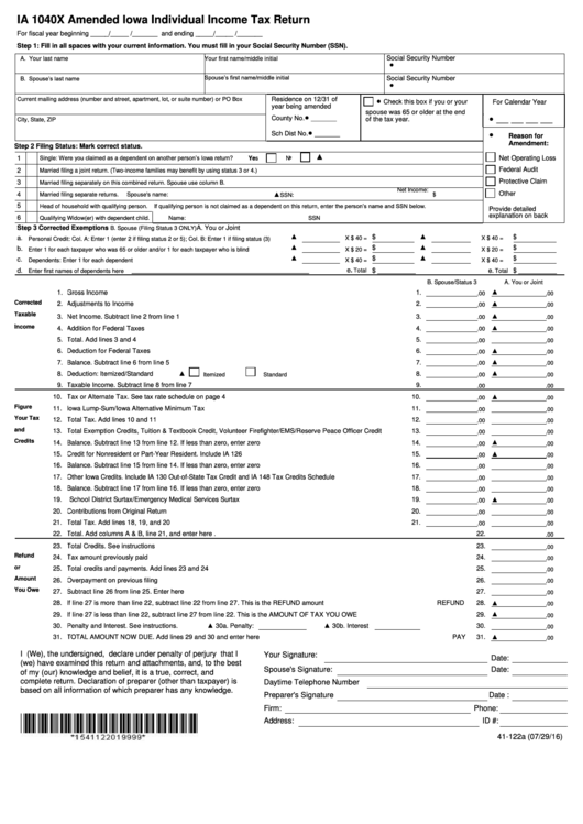 Form Ia 1040x - Amended Iowa Individual Income Tax Return - 2016
