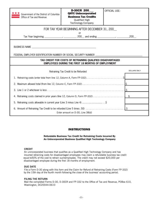 Form D-30cr - Qhtc Unincorporated Business Tax Credits Printable pdf