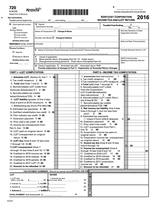 Fillable Form 720 - Kentucky Corporation Income Tax And Llet Return - 2016 Printable pdf