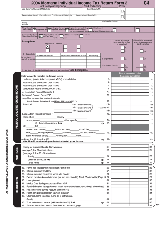 Fillable Form 2 Montana Individual Income Tax Return 2004 Printable 