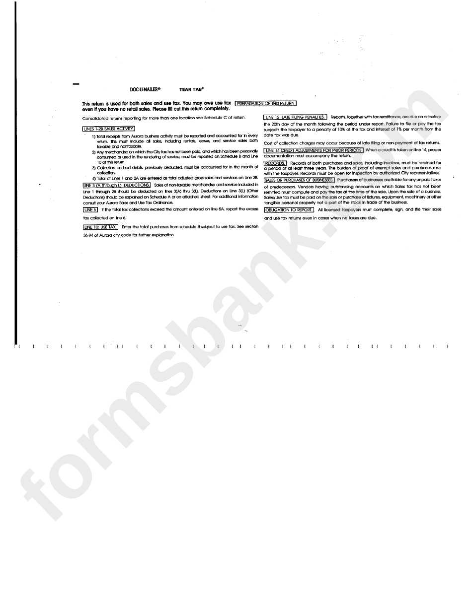 Sales / Use Tax Return Instructions City Of Aurora printable pdf download