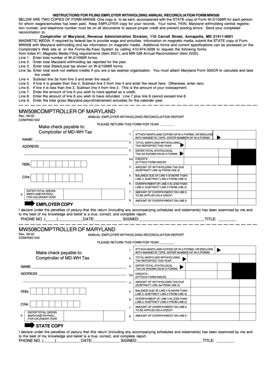 Form Mw508 - Annual Employer Withholding Reconciliation Report - 2002 Printable pdf