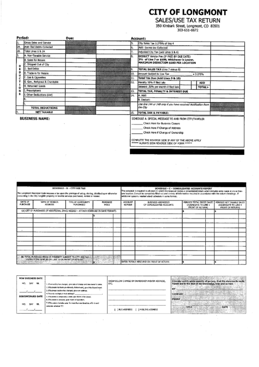 Fillable Sales/use Tax Return - City Of Longmont - State Of Colorado Printable pdf
