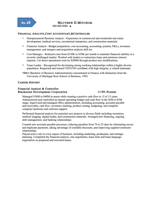 Financial Analyst, Cost Accountant, & Controller Resume Template Printable pdf