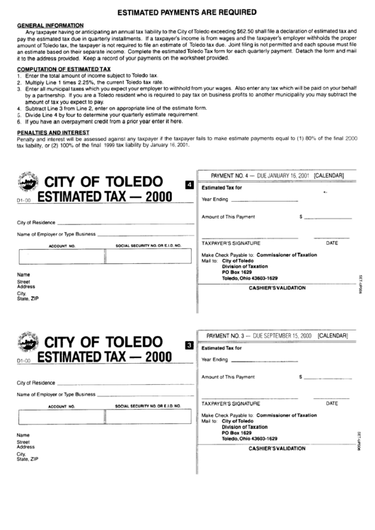 Form D1-00 - City Of Toledo Estimated Tax - 2000 Printable pdf