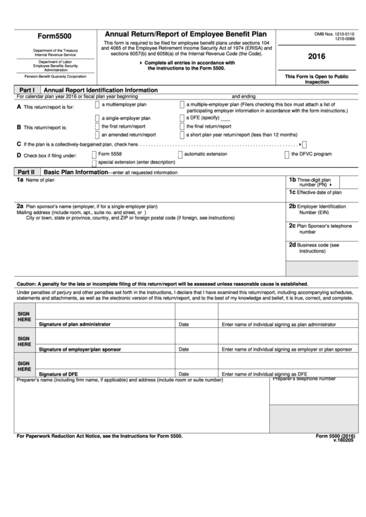 Fillable Form 5500 - Annual Return/report Of Employee Benefit Plan - 2016 Printable pdf