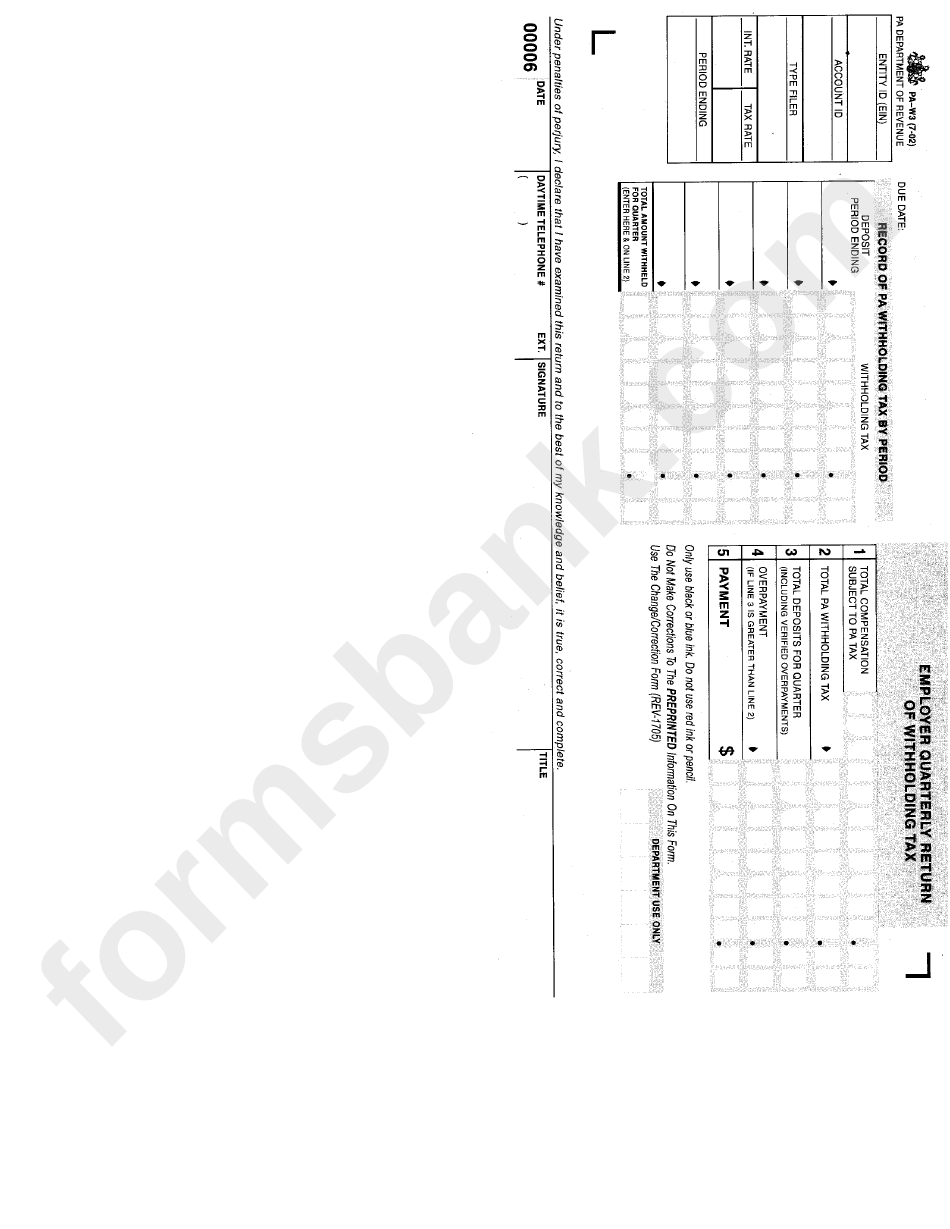 Form Pa-W3 - Employer Quarterly Return Of Withholding Tax - Pa Department Of Revenue