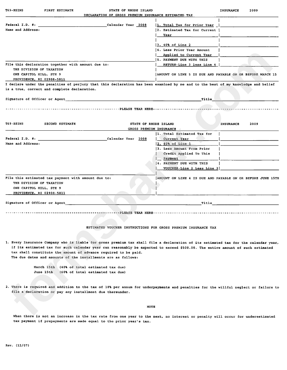Form T69-Esins - Declaration Of Gross Premiun Insurance Estimated Tax - State Of Rhode Island - 2009