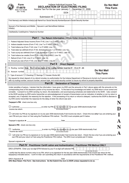 Fillable Form It-8879 - Indiana Individual Income Tax Declaration Of Electronic Filing Printable pdf