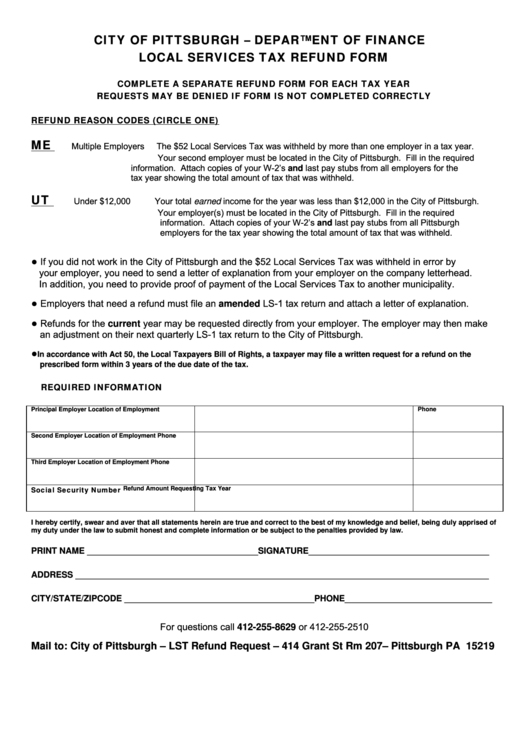 Local Services Tax Refund Form - City Of Pittsburgh - Department Of Finance Printable pdf