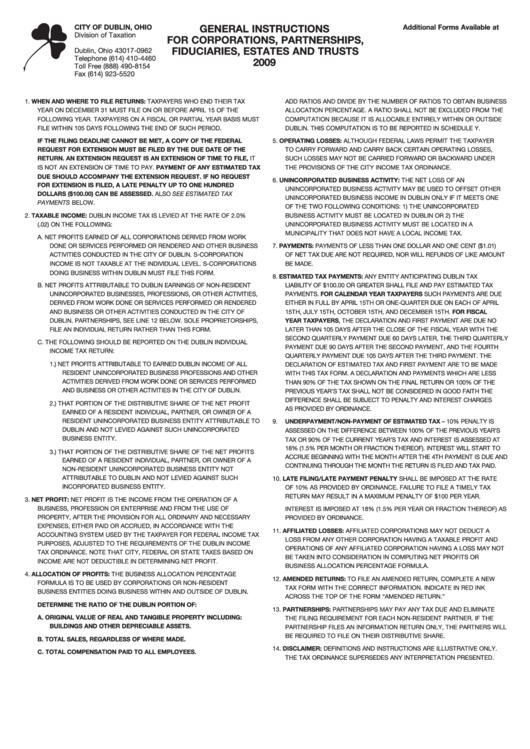 General Instructions For Corporations, Partnerships, Fiduciaries, Estates And Trusts - City Of Dublin, Ohio - 2009, Afti Worksheet Adjusted Federal Taxable Income Printable pdf