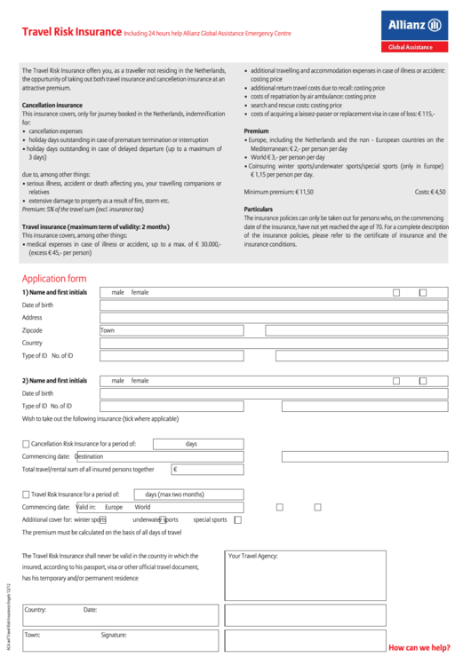 Travel Risk Insurance - Application Form - Allianz Global Assistance Printable pdf