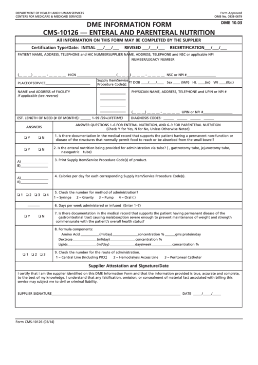 Fillable Form Cms-10126 - Dme Information Form - Enteral And Parenteral Nutrition Printable pdf