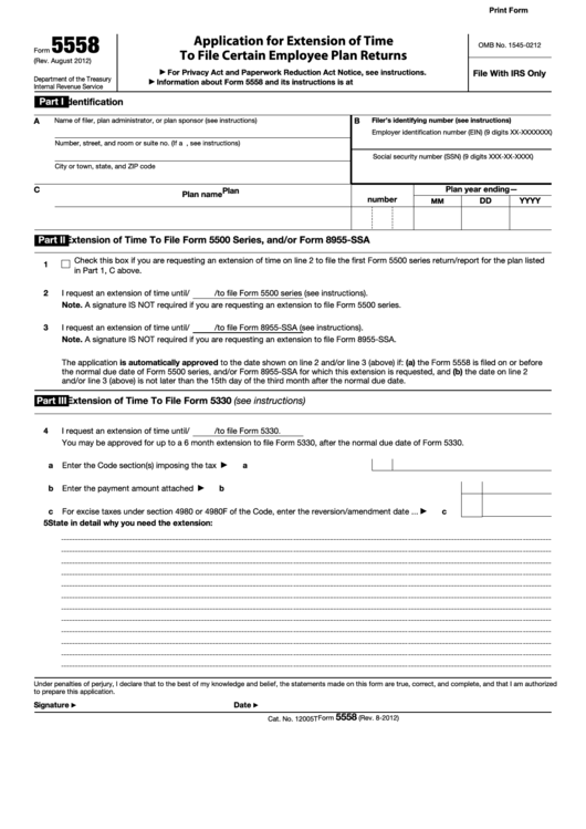 Fillable Form 5558 - Application For Extension Of Time To File Certain Employee Plan Returns Printable pdf