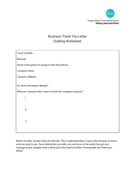 Business Thank You Letter Drafting Worksheet Printable pdf
