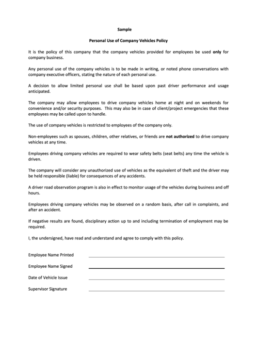 Sample Personal Use Of Company Vehicles Policy Template Printable pdf