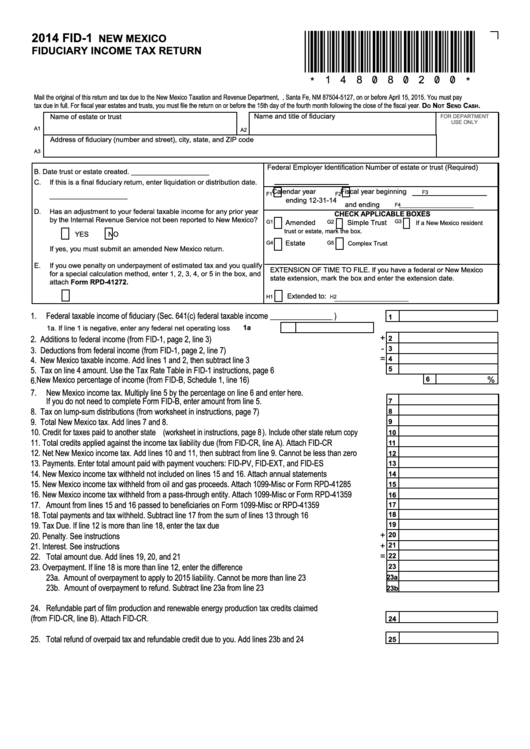Form Fid-1 - New Mexico Fiduciary Income Tax Return - 2014 Printable pdf