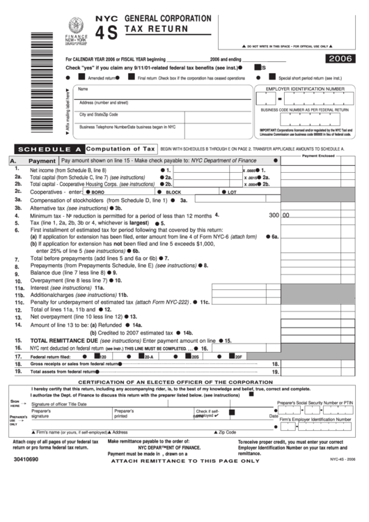 Form Nyc-4s - General Corporation Tax Return - 2006 Printable pdf