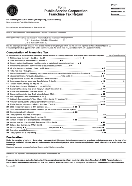 Form P.s.1 - Public Service Corporation Franchise Tax Return - 2001 Printable pdf