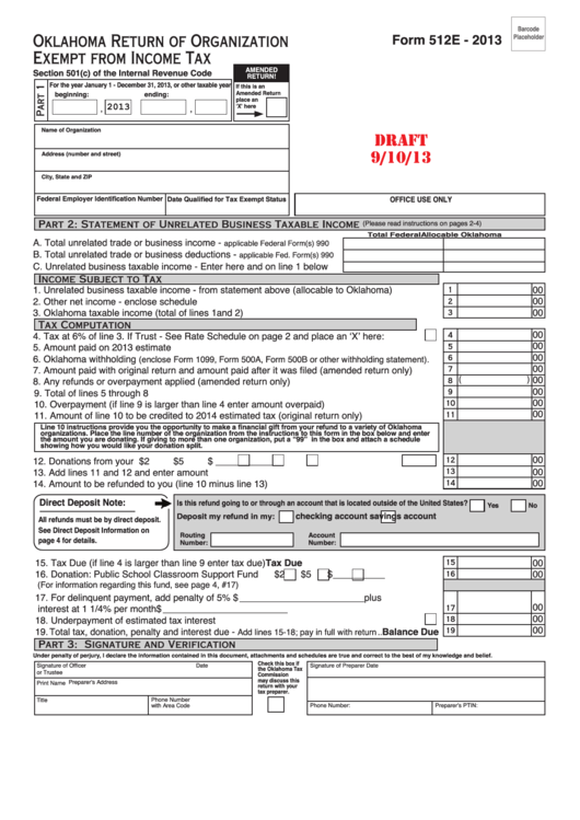 Form 512e Draft - Oklahoma Return Of Organization Exempt From Income Tax - 2013 Printable pdf