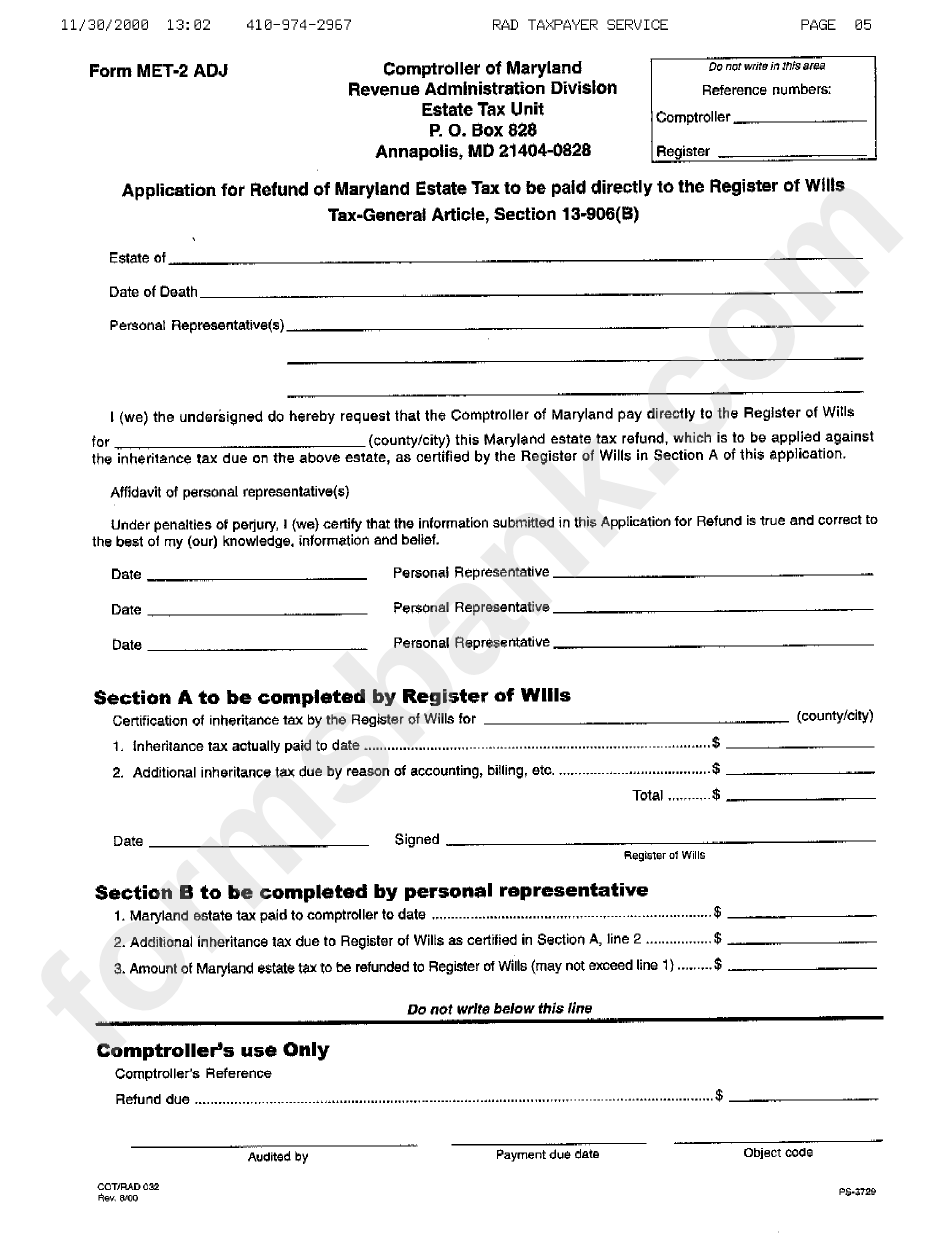 Form Met-2 Adj - Application For Refund Of Maryland Estate Tax