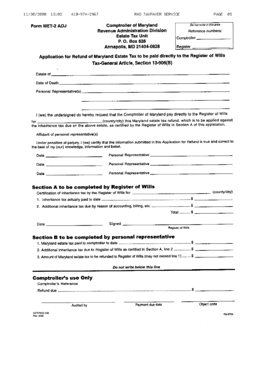 Form Met-2 Adj - Application For Refund Of Maryland Estate Tax Printable pdf