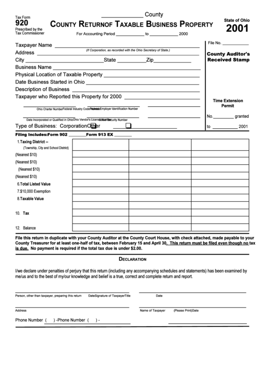 Tax Form 920 - County Return Of Taxable Business Property - 2001 Printable pdf