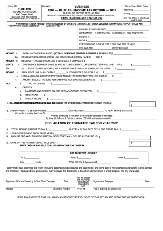 Form Br - Blue Ash Income Tax Return - 2001 Printable pdf