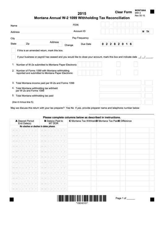 Fillable Form Mw-3 - Montana Annual W-2 1099 Withholding Tax Reconciliation - 2015 Printable pdf