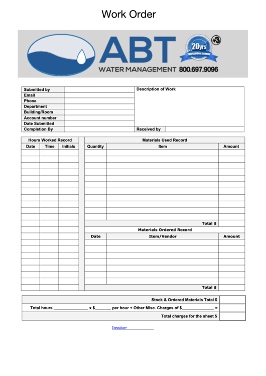 Work Order Template Printable pdf