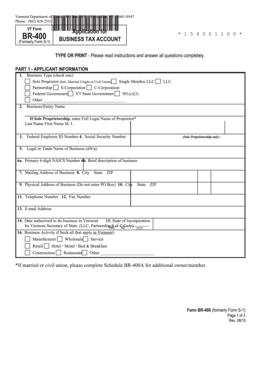 Vt Form Br-400 (Formerly Form S-1) - Application For Business Tax Account Printable pdf