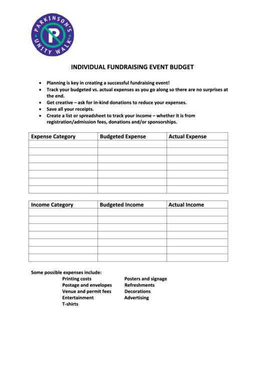 Individual Fundraising Event Budget Template Printable pdf