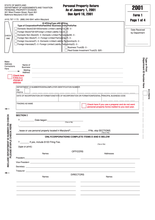 Fillable Form 1 - Personal Property Return - 2001 Printable pdf