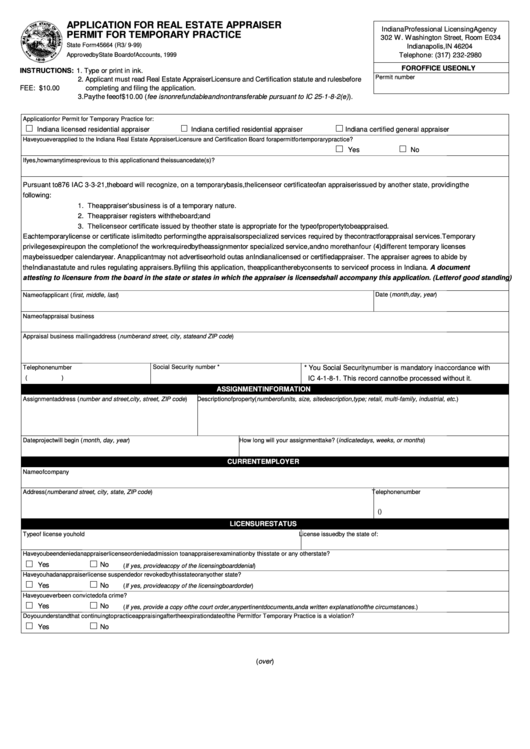Fillable State Form 45664 - Application For Real Estate Appraiser Permit For Temporary Practice Printable pdf