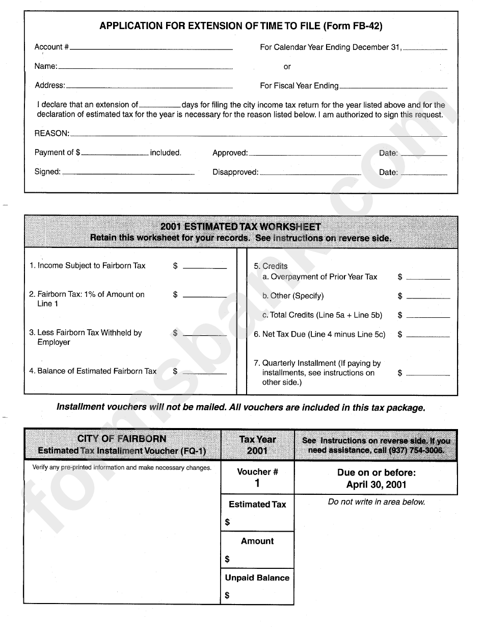 Form Fb-42 - Application For Extension Of Time To File - 2001
