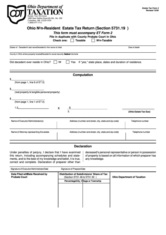 Estate Tax Form 4 - Ohio Non-Resident Estate Tax Return - 2000 Printable pdf