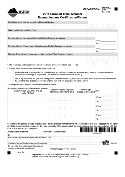 Fillable Montana Form Etm - Enrolled Tribal Member Exempt Income Certification/return - 2015 Printable pdf