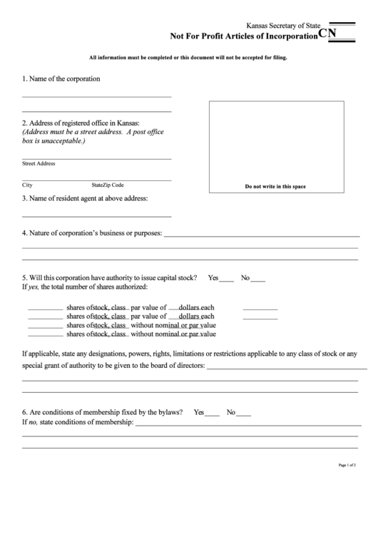 Form Cn - Not For Profit Articles Of Incorporation printable pdf download