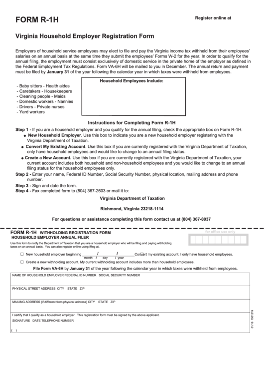 Fillable Form R-1h - Withholding Registration Form Household Employer Annual Filer - 2016 Printable pdf