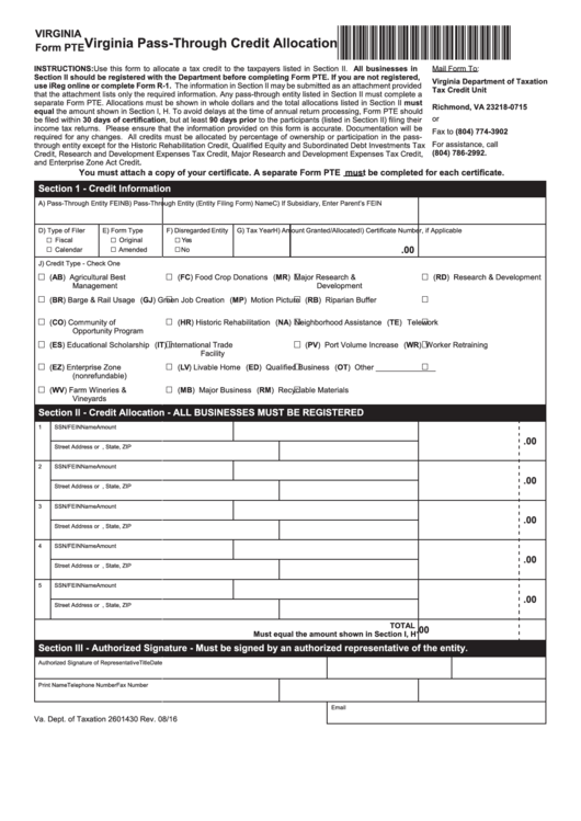 Fillable Virginia Form Pte - Virginia Pass-Through Credit Allocation - 2016 Printable pdf