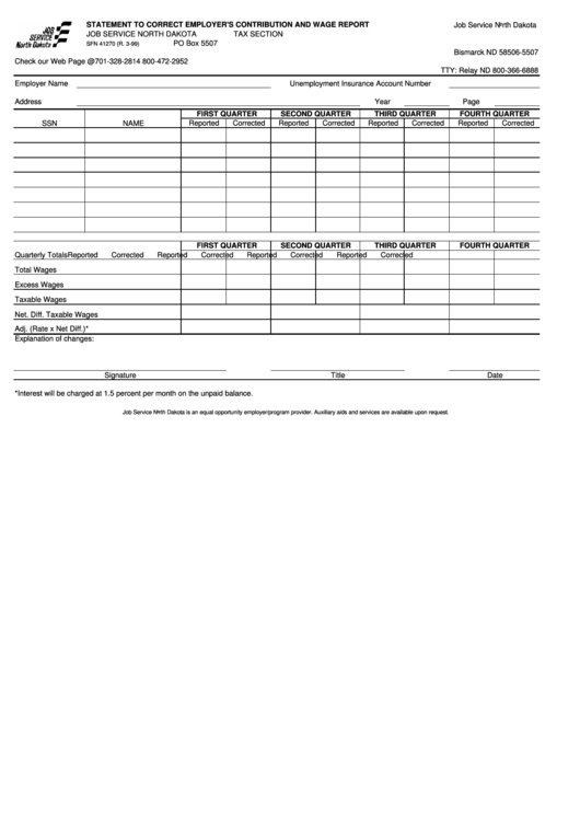 Form Sfn 41270 - Statement To Correct Employer's Contribution And Wage Report