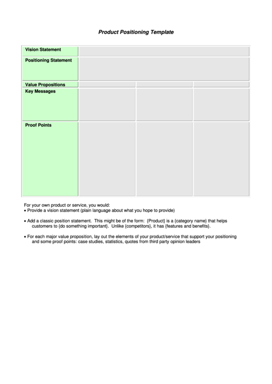 Product Positioning Template Printable pdf