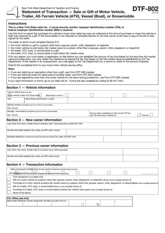 Fillable Form Dtf-802 - Statement Of Transaction - Sale Or Gift Of Motor Vehicle, Trailer, All-Terrain Vehicle (Atv), Vessel (Boat), Or Snowmobile Printable pdf